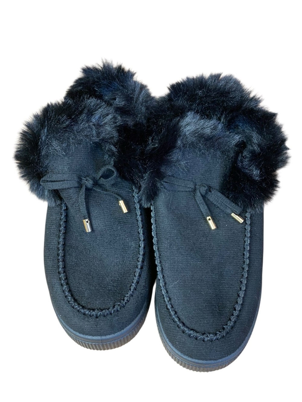 BNWOT Black Faux Fur Trim Moccasin Slippers Suede-Style Slip-On Shoes Size 41